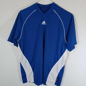 Adidas Climalite Youth Size Large Blue/White V Neck short Sleeve & Logo Shirt